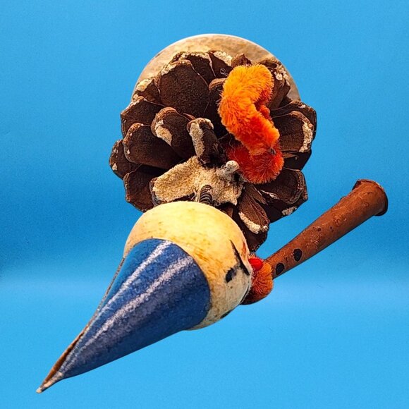 Vintage Bobblehead Elf Ornament Pinecone Body Spun Cotton Chenille Clarinet 50s - Picture 8 of 9